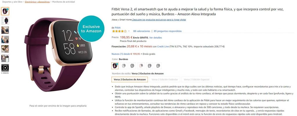 Ficha de producto en Amazon
